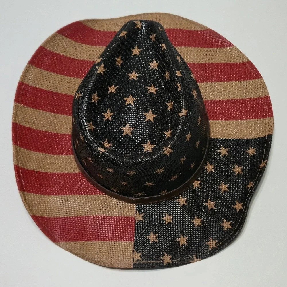 American Flag Cowboy Hat Woven Paper Straw Patriotic USA Western One Size